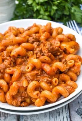 beefy chili mac on a white plate