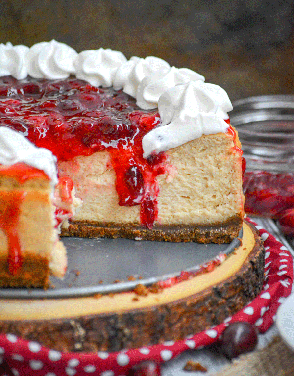 Cranberry Sauce Topped Eggnog Cheesecake