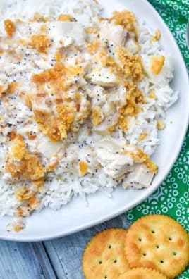 creamy chicken casserole with poppy seeds on a white plate