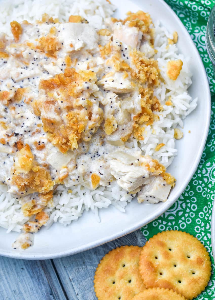 creamy chicken casserole with poppy seeds on a white plate