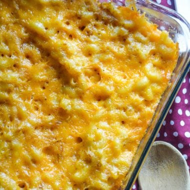 homestyle mac and cheese in a glass casserole dish