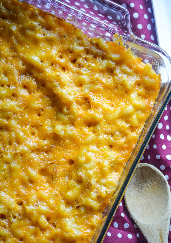 homestyle mac and cheese in a glass casserole dish