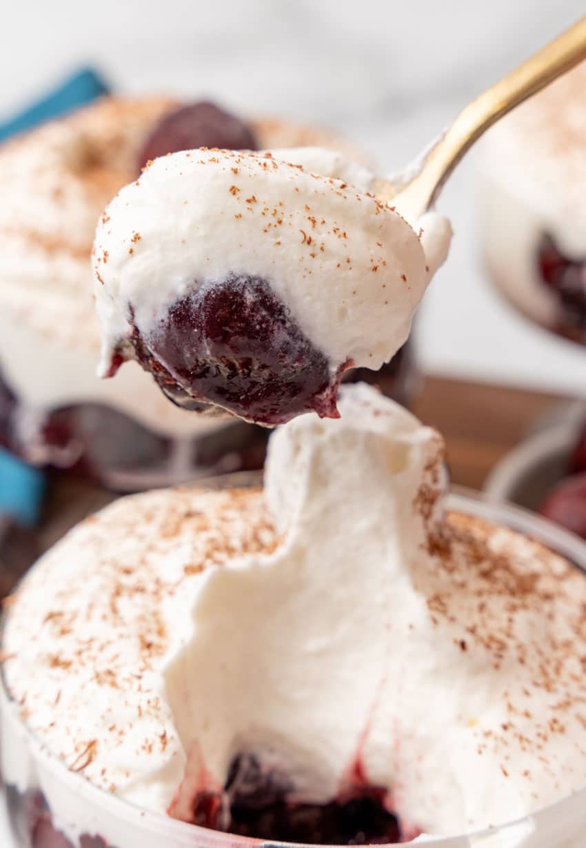 a golden spoon holding up a scoop of black forest cherry cheesecake dessert