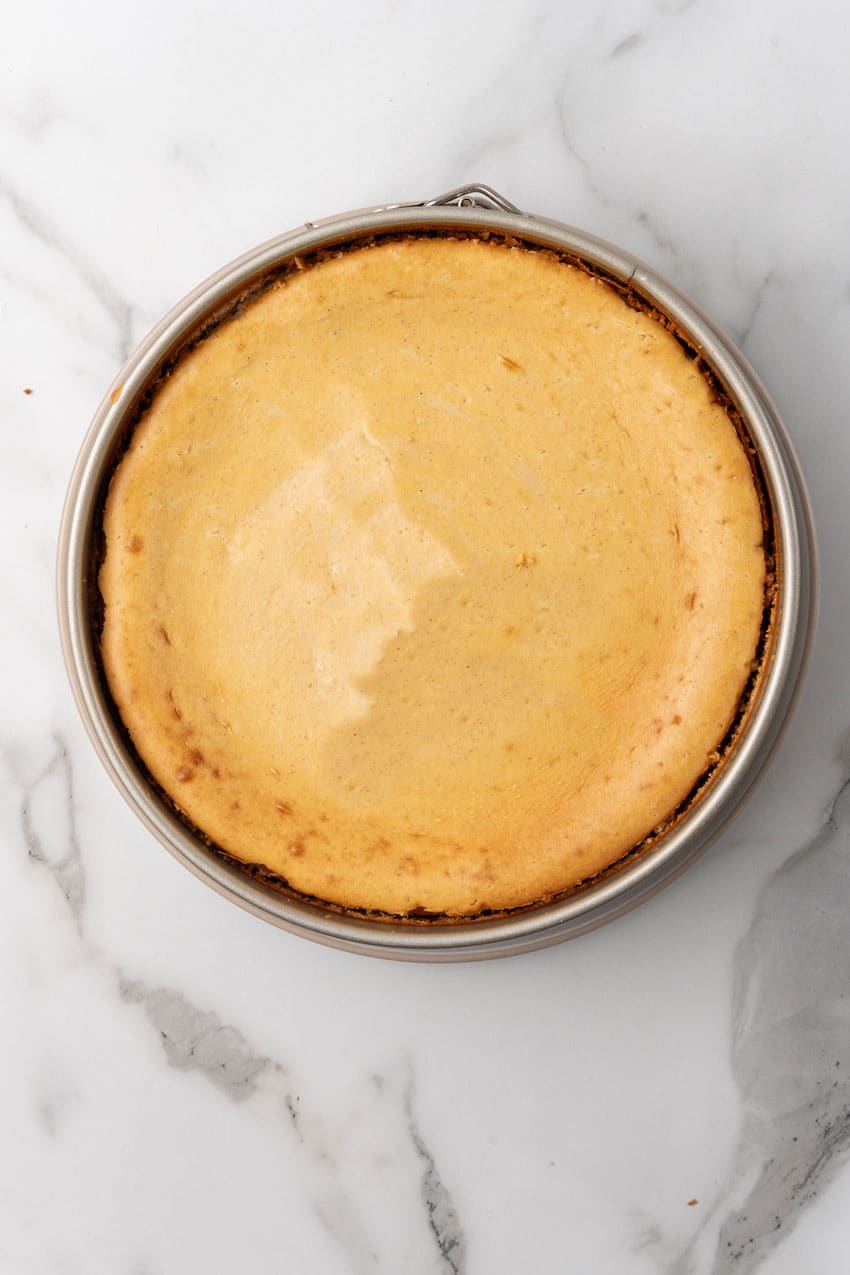 a baked eggnog cheesecake on a marble countertop