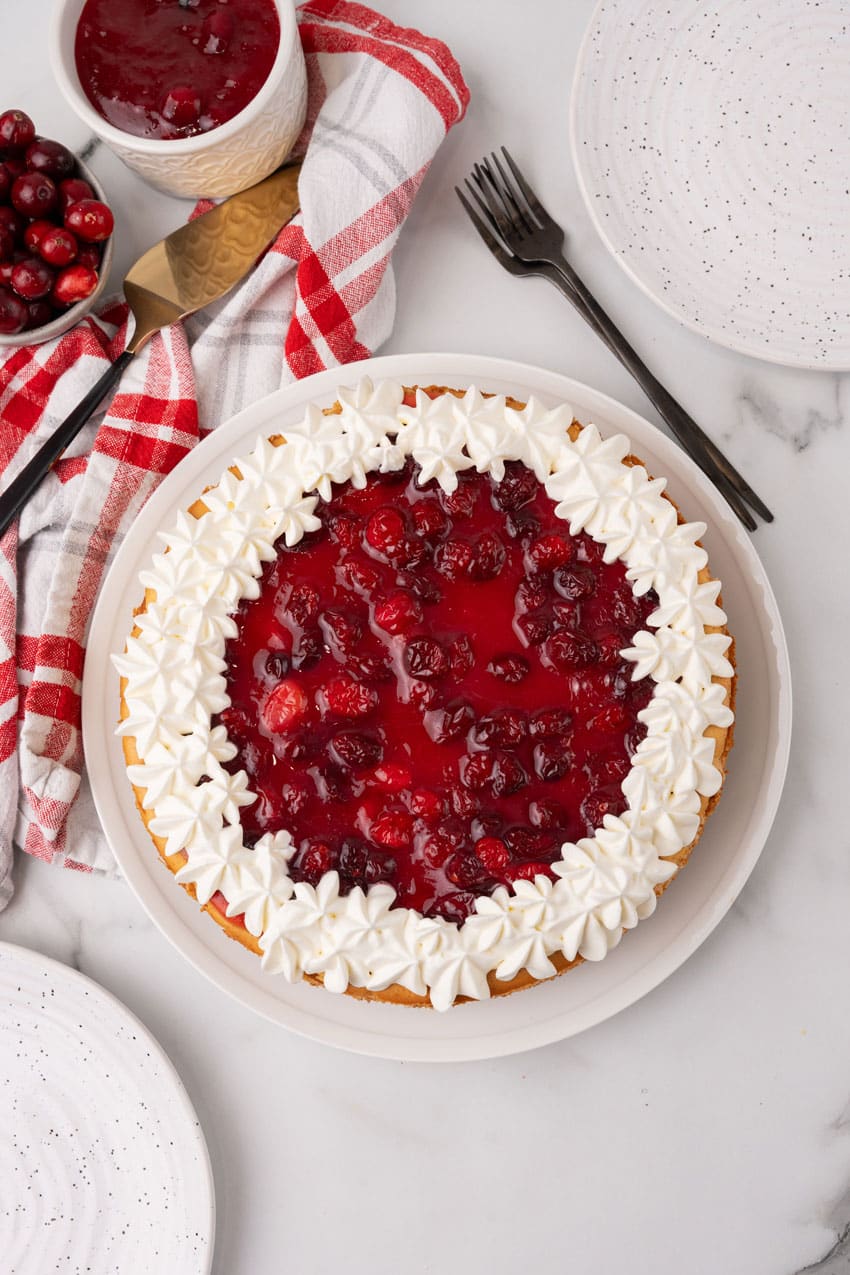 eggnog cheesecake with cranberry topping and squirts of whipped cream around the outer edge on a white serving plate