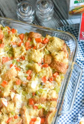 MID ATLANTIC SEAFOOD STUFFING WITH CRAB IN A GLASS CASSEROLE DISH