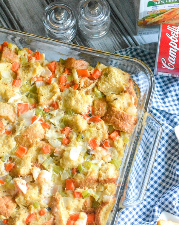 MID ATLANTIC SEAFOOD STUFFING WITH CRAB IN A GLASS CASSEROLE DISH