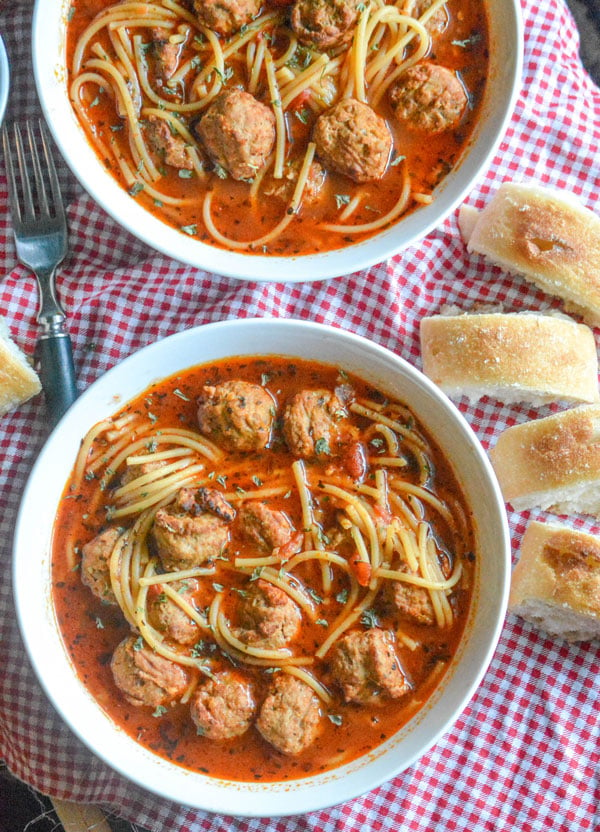 Slow Cooker Spaghetti & Meatballs Soup