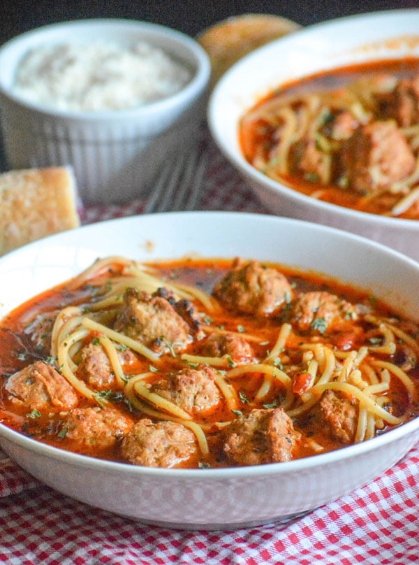 Slow Cooker Spaghetti & Meatballs Soup - 4 Sons 'R' Us