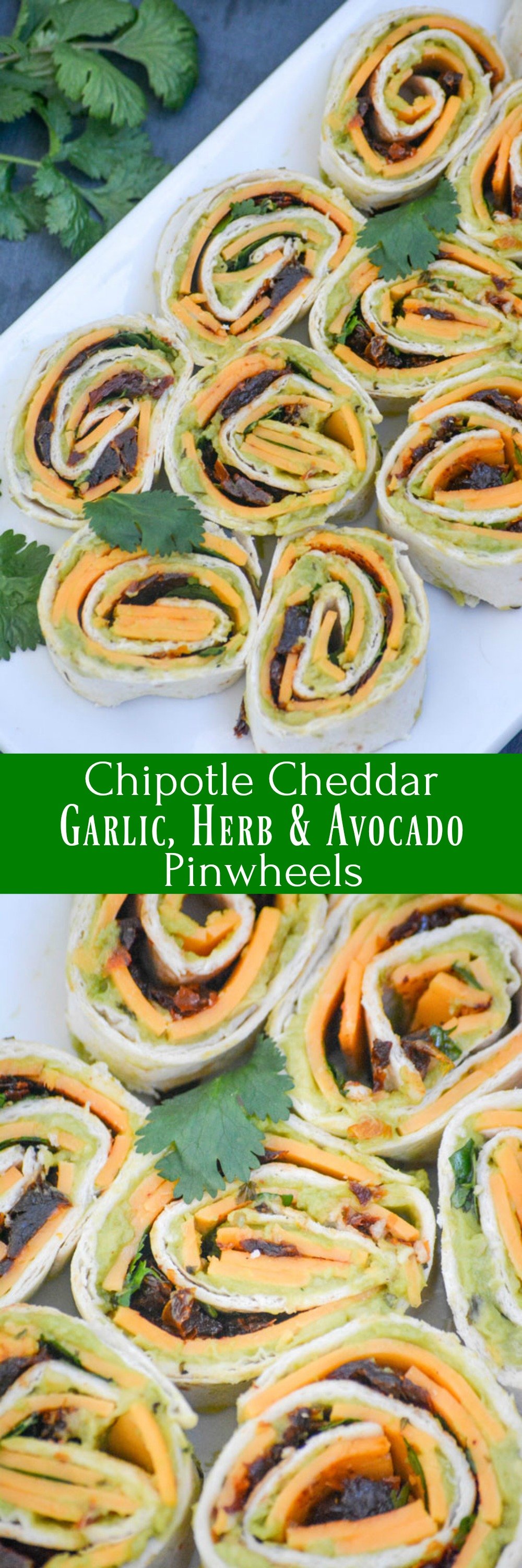 Chipotle Cheddar Garlic Herb Avocado Pinwheels are quick, easy, and scrumptious finger food that's full of flavor. Knowing they can be made ahead of time, or at the last minute, makes them a great option for an appetizer, snack, or even as part of the main meal when you've got hungry guests to feed.