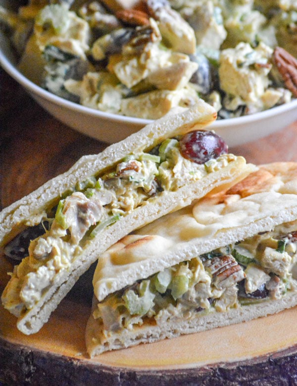 curry chicken salad served on slices of naan bread