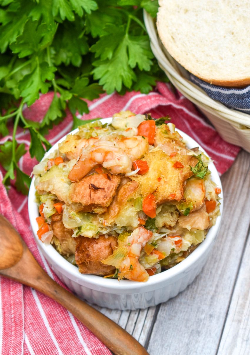 seafood stuffing in a small white ramekin