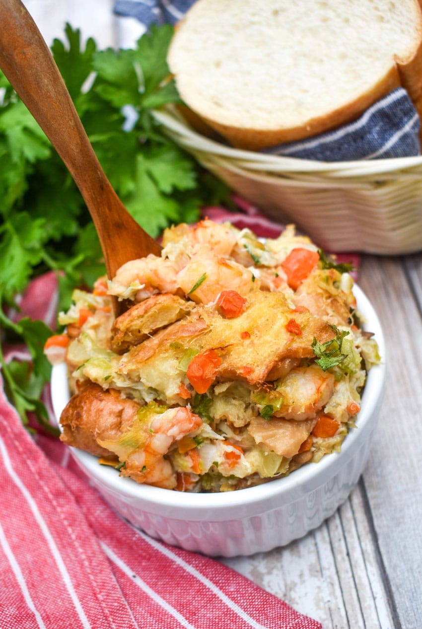 seafood stuffing in a small white ramekin