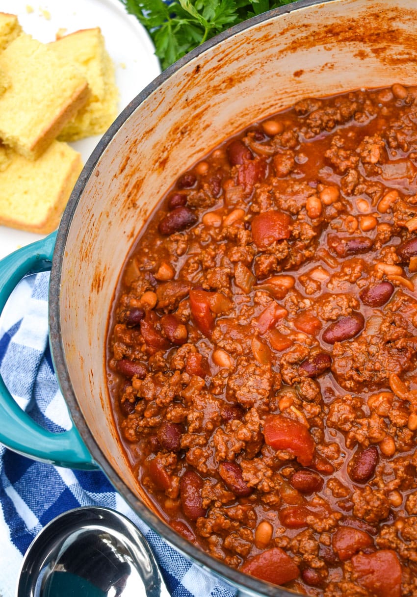 sweet amd spicy chili in a large cast iron pot