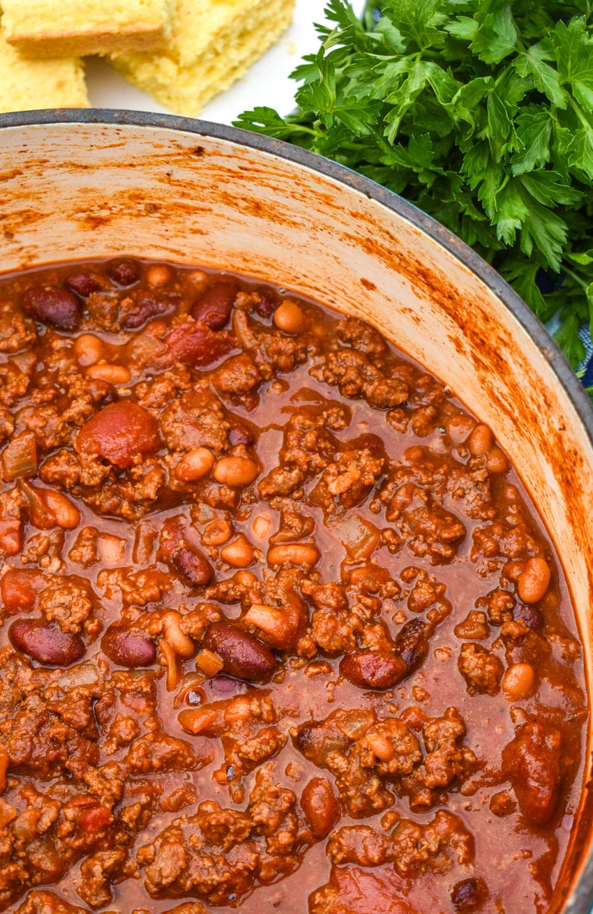 sweet amd spicy chili in a large cast iron pot