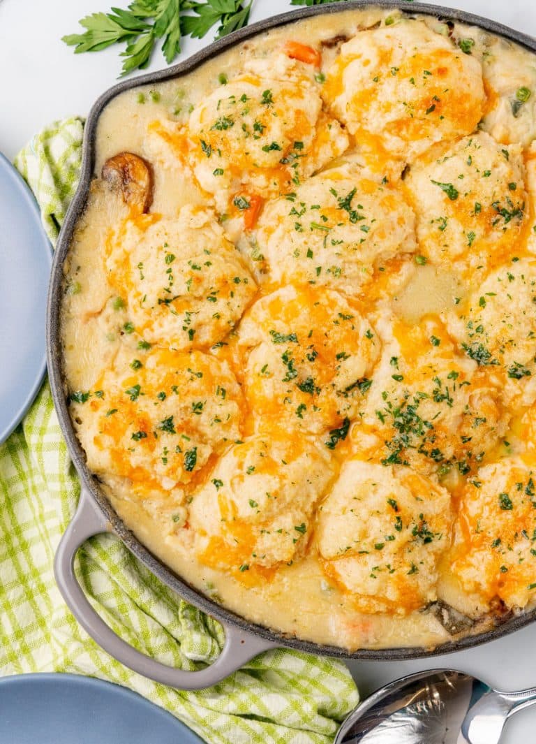 cheddar bay biscuit chicken cobbler in a gray skillet