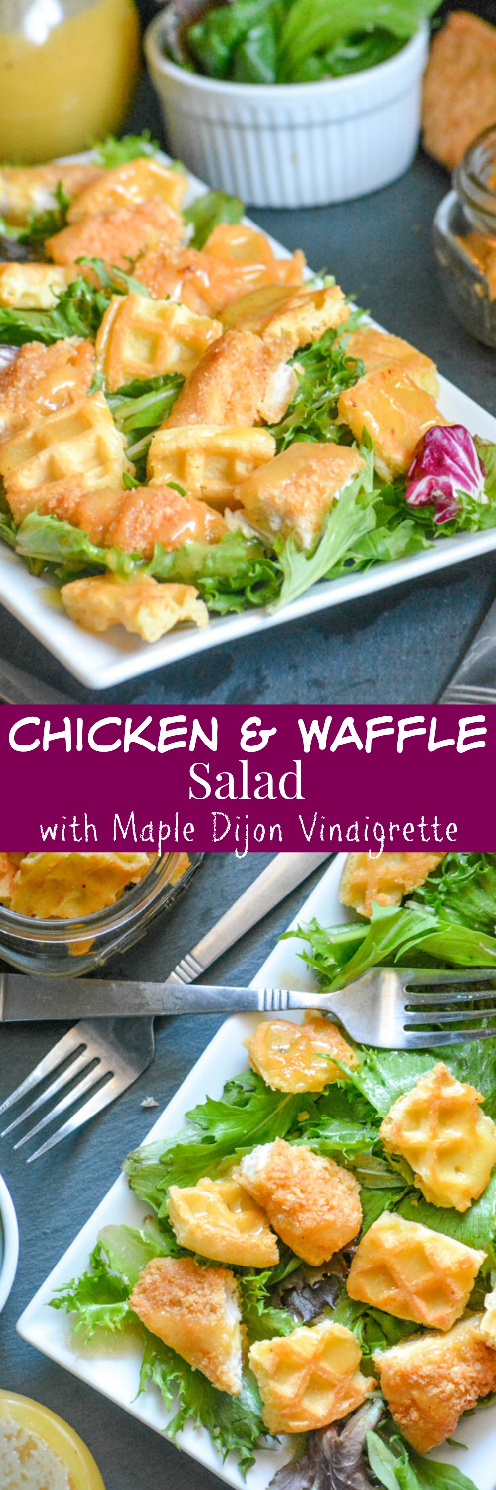 A new year means a time for healthier choices, or in this case, alternatives. This Chicken & Waffle Salad with Maple Dijon Vinaigrette is loaded with all the Southern flavor fan fare, but with a healthier spin. It makes it a great lunch option, and even doubles as a family meal.
