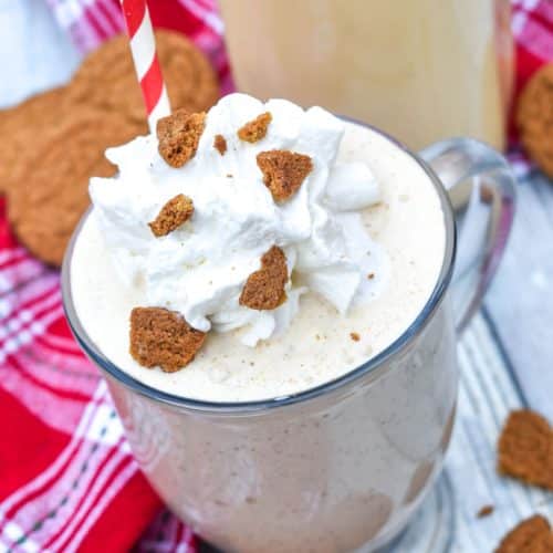 a gingerbread milkshake in a glass mug topped with whipped cream and gingersnap cookie crumbles