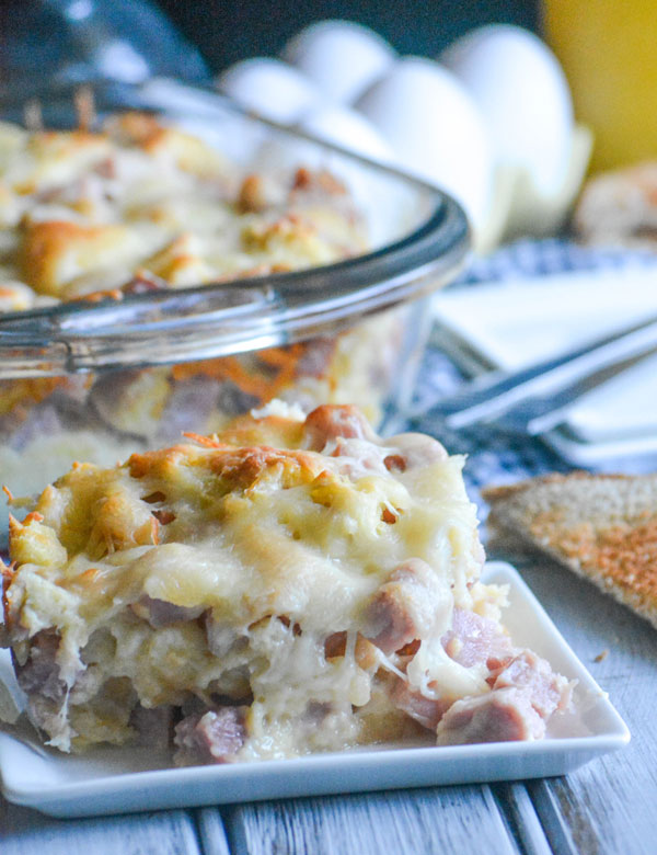 MONTE CRISTO BREAKFAST BAKE ON A SMALL WHITE PLATE