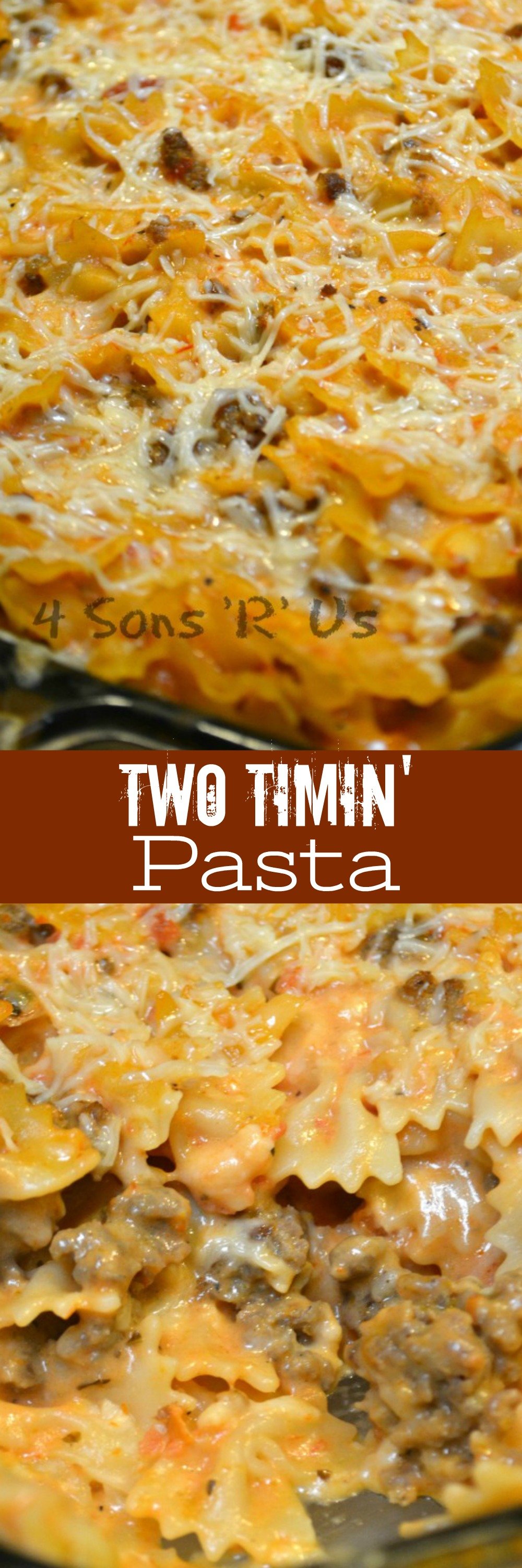 This Two Timin' Pasta is makes a quick & easy dinner. A yummy sausage stuffed casserole, it serves as an easy dish for my week night menu. It gets bonus points that I don't have to choose between sauces. And who doesn't want to add a lil somethin' saucy into their weekly meal plan?!