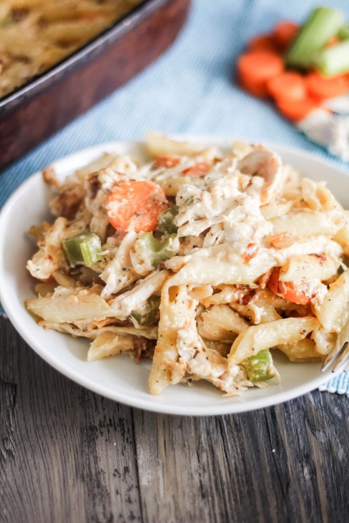 chicken noodle soup casserole served on a white plate