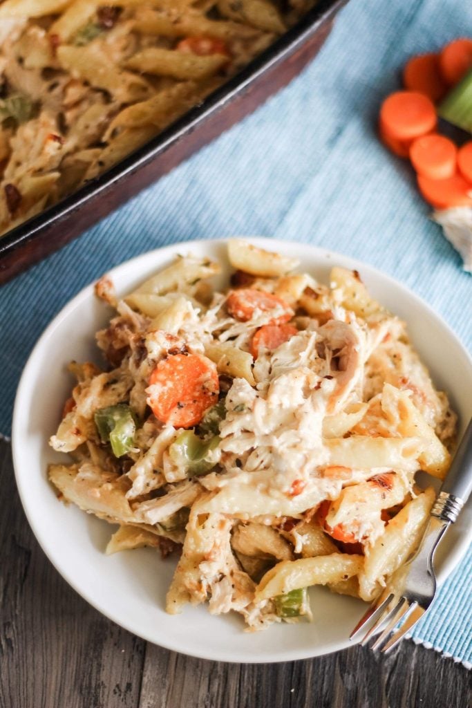 chicken noodle soup casserole served on a white plate