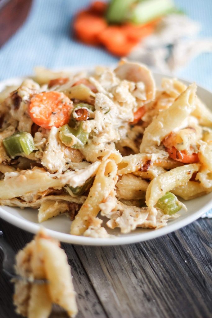 chicken noodle soup casserole served on a white plate