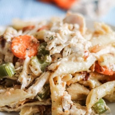 chicken noodle soup casserole served on a white plate