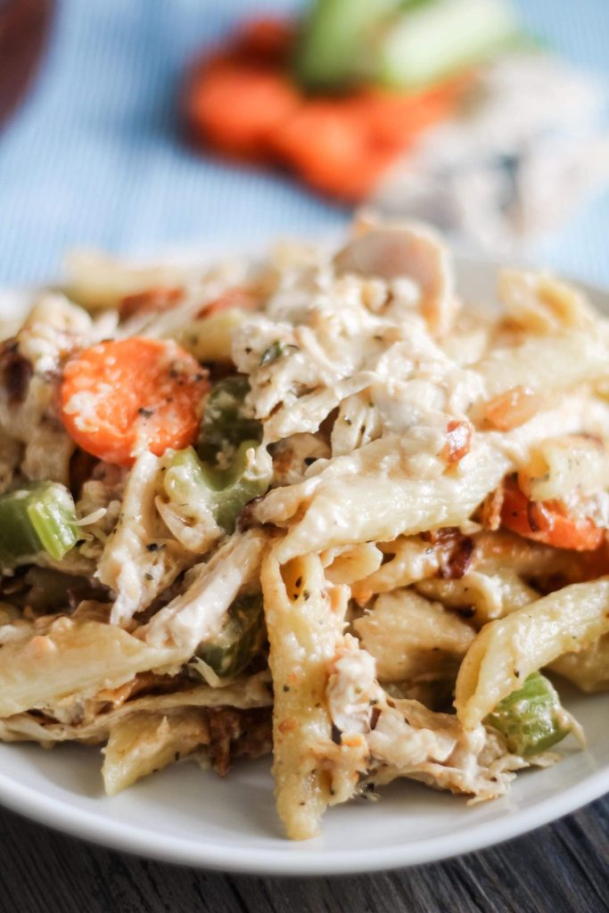 chicken noodle soup casserole served on a white plate