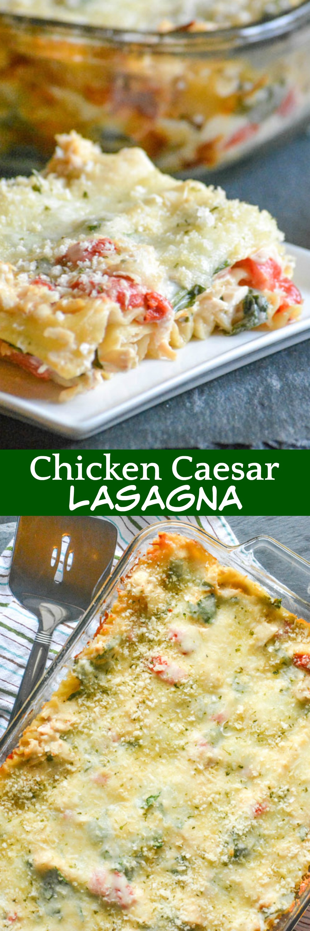 A fun new way to do lasagna, this twist on the classic features flavorful rotisserie chicken, a creamy alfredo sauce, fresh spinach leaves and roasted red peppers. This Chicken Caesar Lasagna is where dinner and casserole is at.