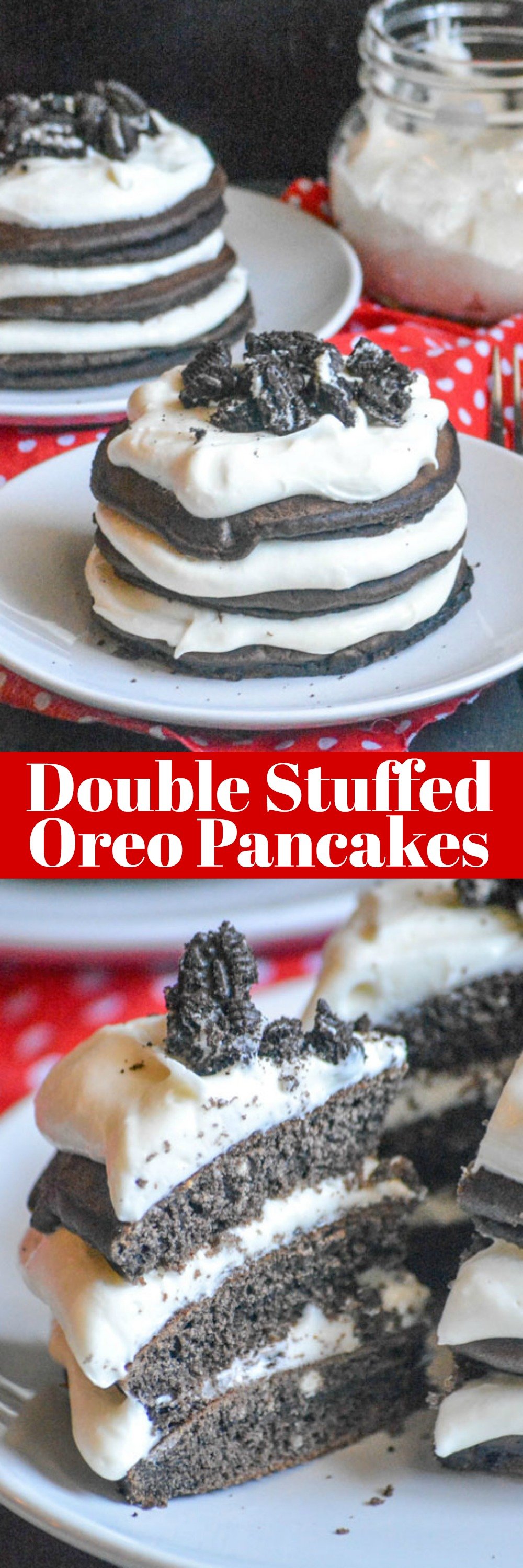 These delectable Double Stuffed Oreo Pancake Stacks are perfect for sharing, and for sharing a moment together. Luscious cream cheese based oreo filling is liberally spread between layers of chocolate oreo flavored fluffy pancakes.