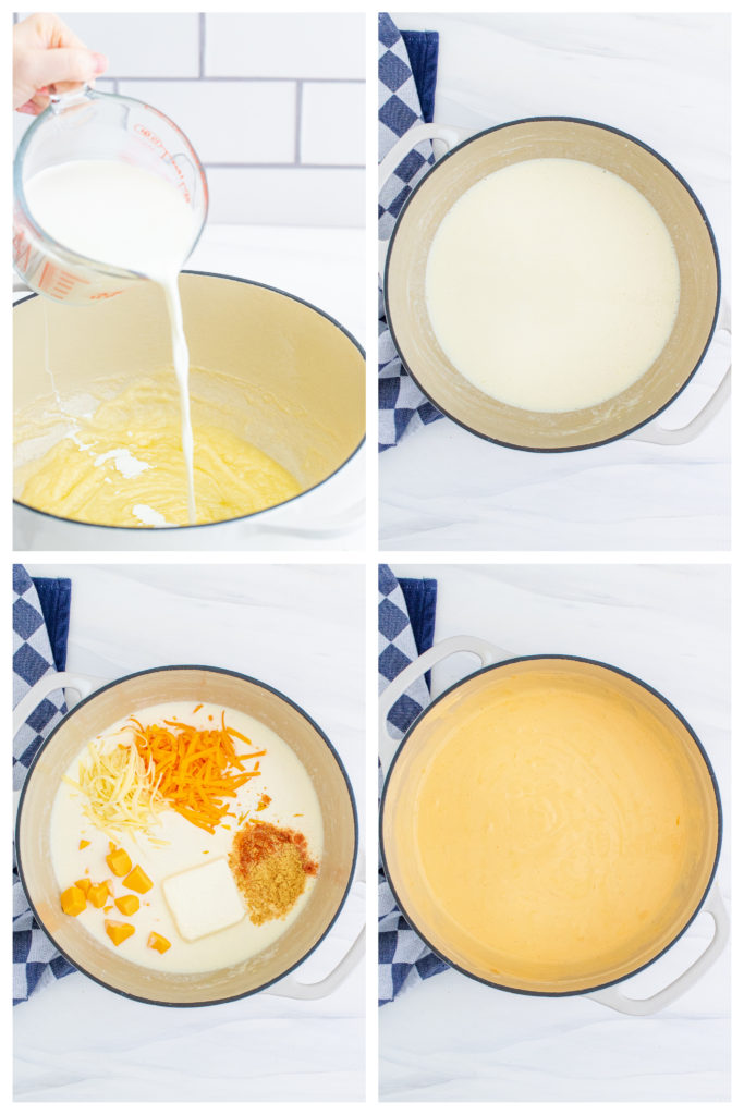 a four image collage showing the roux and cheese sauce being made in stages for a batch of smoked macaroni and cheese