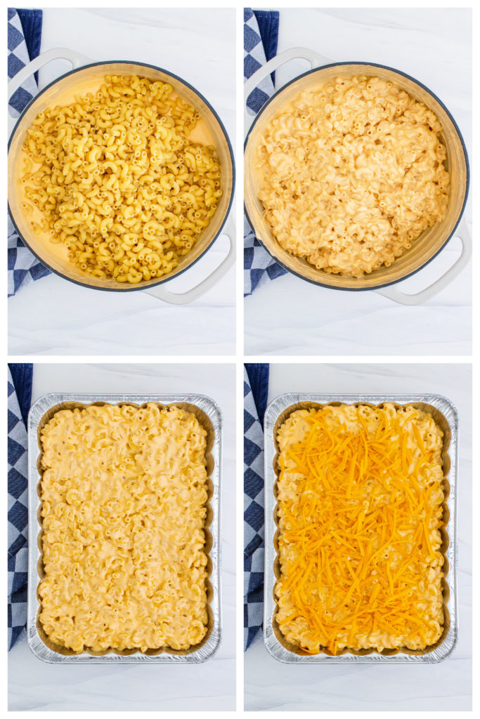 a four image collage showing the steps to assembling smoked macaroni and cheese first in a dutch oven and then in a grill safe aluminum pan