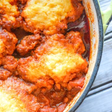 CORN BREAD DUMPLINGS IN A POT OF CHILI