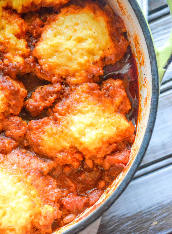 CORN BREAD DUMPLINGS IN A POT OF CHILI