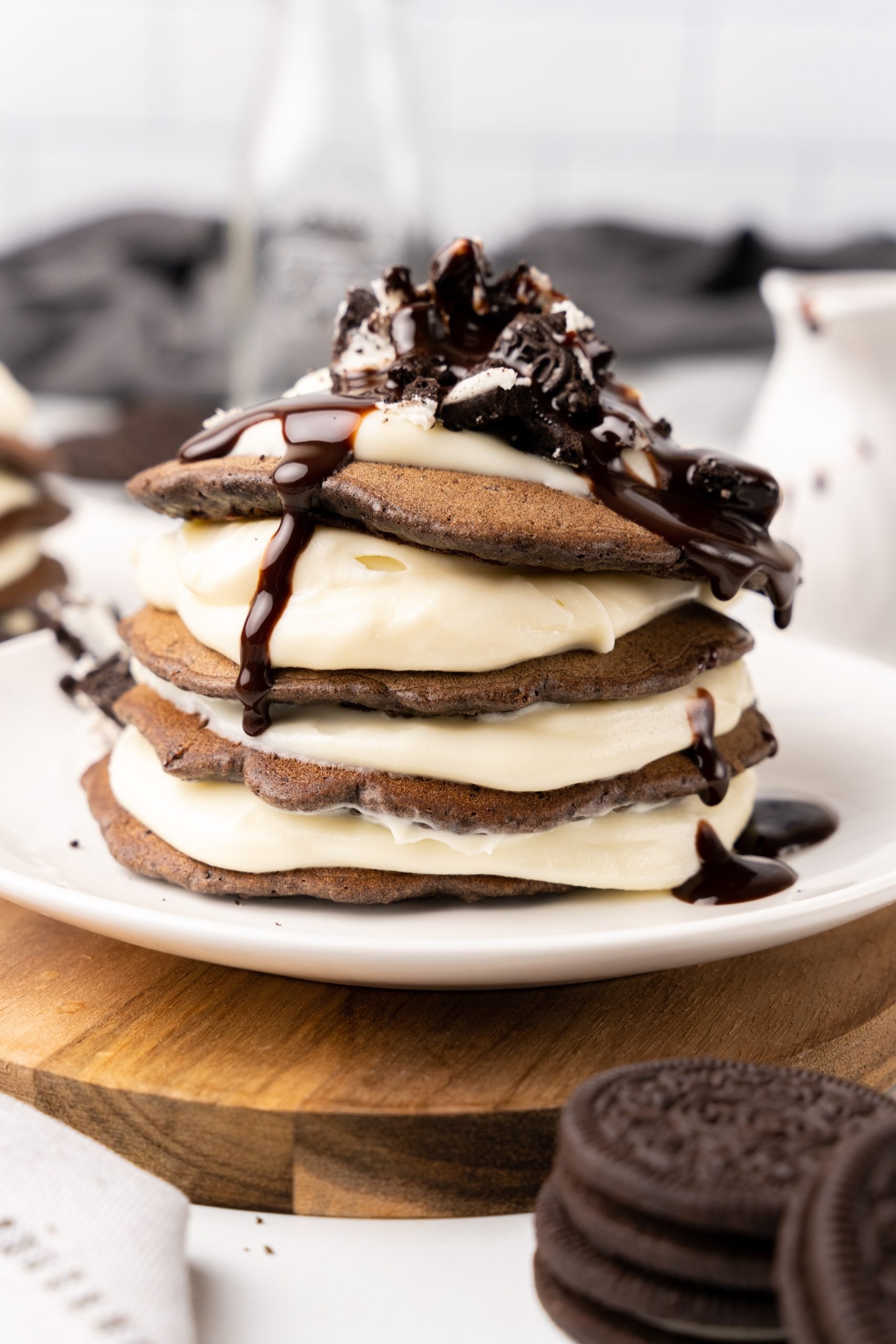 double stuffed oreo pancakes on a white plate