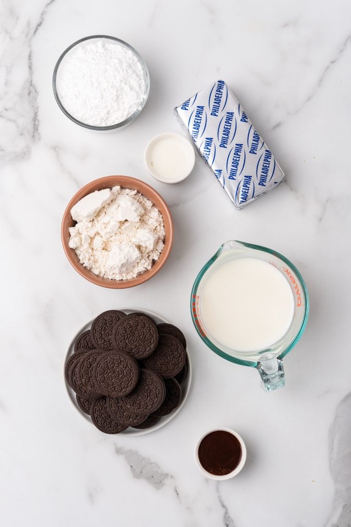 overhead image showing the measured ingredients needed to make oreo chocolate pancakes