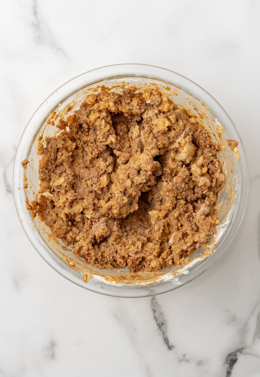 taco baked potato filling in a large glass mixing bowl