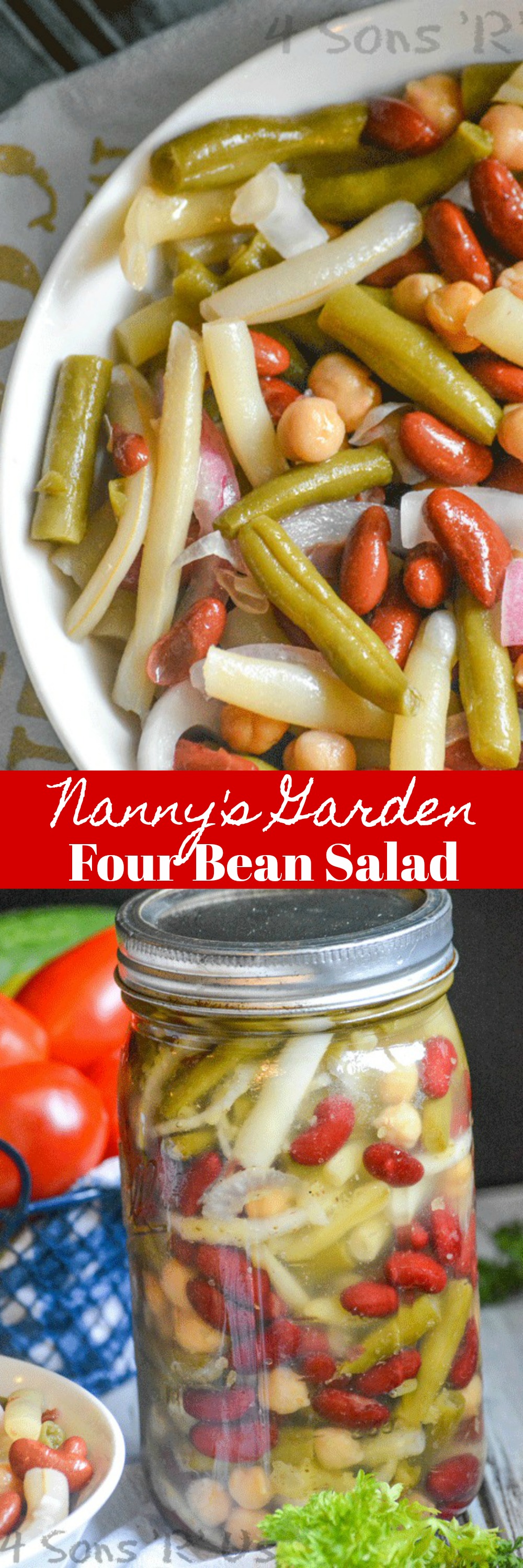 An easy recipe, this version of Nanny’s Garden Four Bean Salad is the perfect healthy vegetable-laden dish to bring to Summer potlucks, barbecues, or any grilling parties.