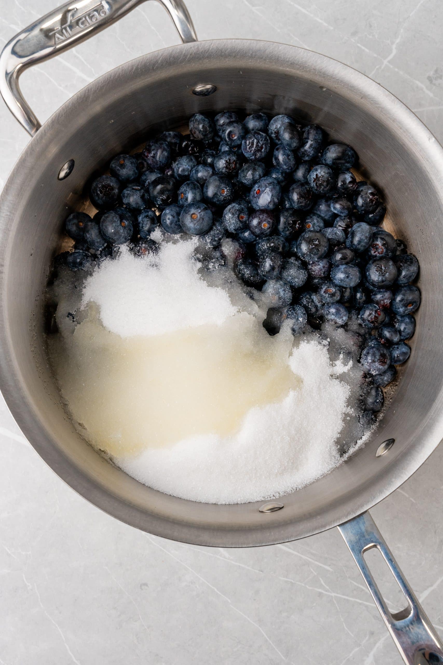 granulated sugar and fresh blueberries in a metal pot