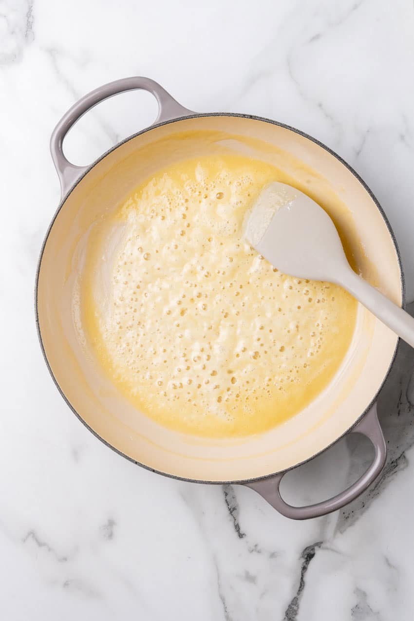 a homemade roux in a cast iron skillet