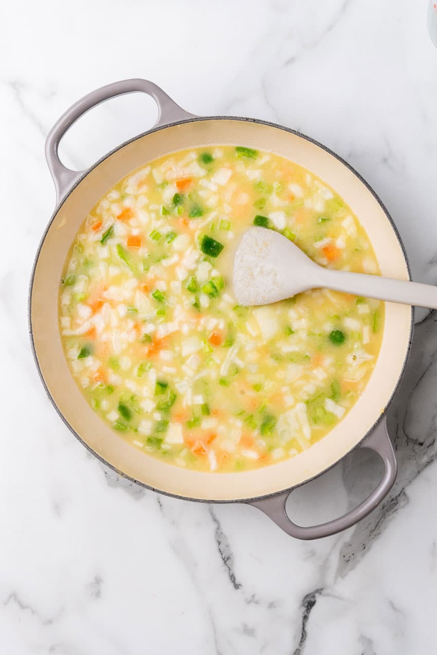 pot pie filling in a large cast iron skillet