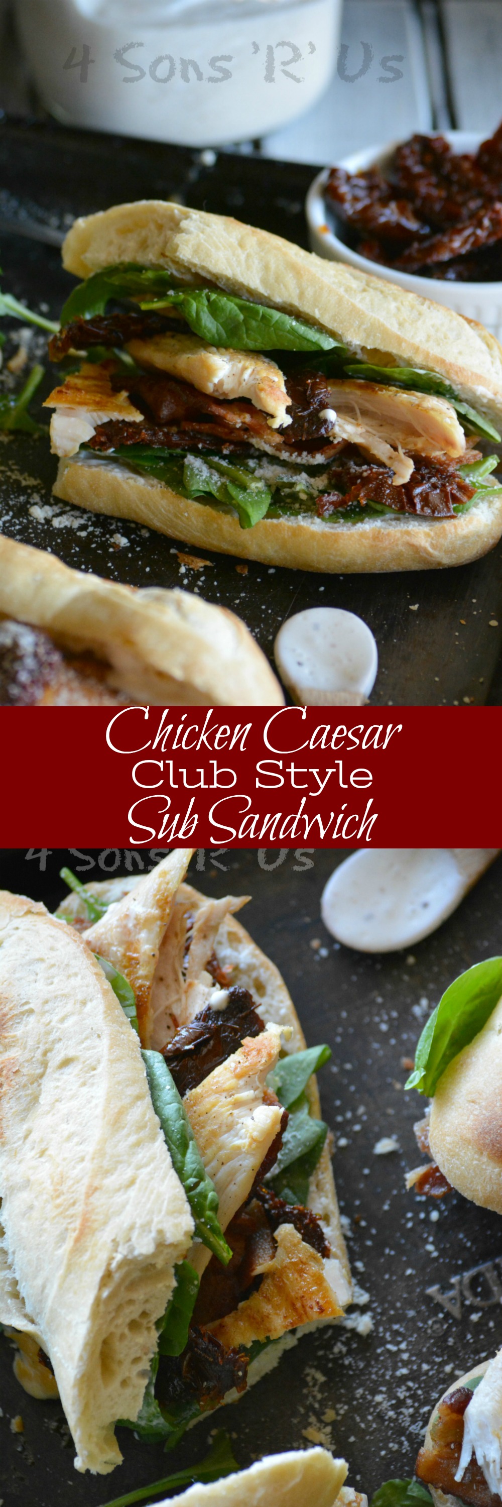 The club sandwich has been around forever, but it was over due for a face lift. This Chicken Caesar Club Style Sub Sandwich, featuring grilled chicken, sun dried tomatoes, crisp bacon, leafy green baby spinach, and creamy Cesar dressing, brings a much needed change to a long standing lunch favorite. Brown bagging it just got a gourmet upgrade!