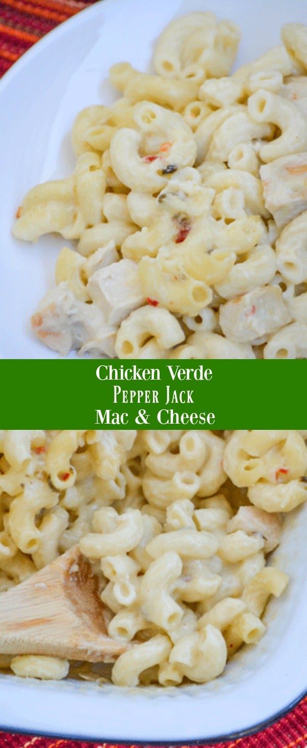 A rich and creamy casserole, this Chicken Verde Pepper Jack Mac & Cheese is cheesy Tex Mex heaven. It delivers the same flavors you love in chicken verde enchiladas but with only 6 ingredients, and half the work- making it a must-have family favorite, 30 minute meal.