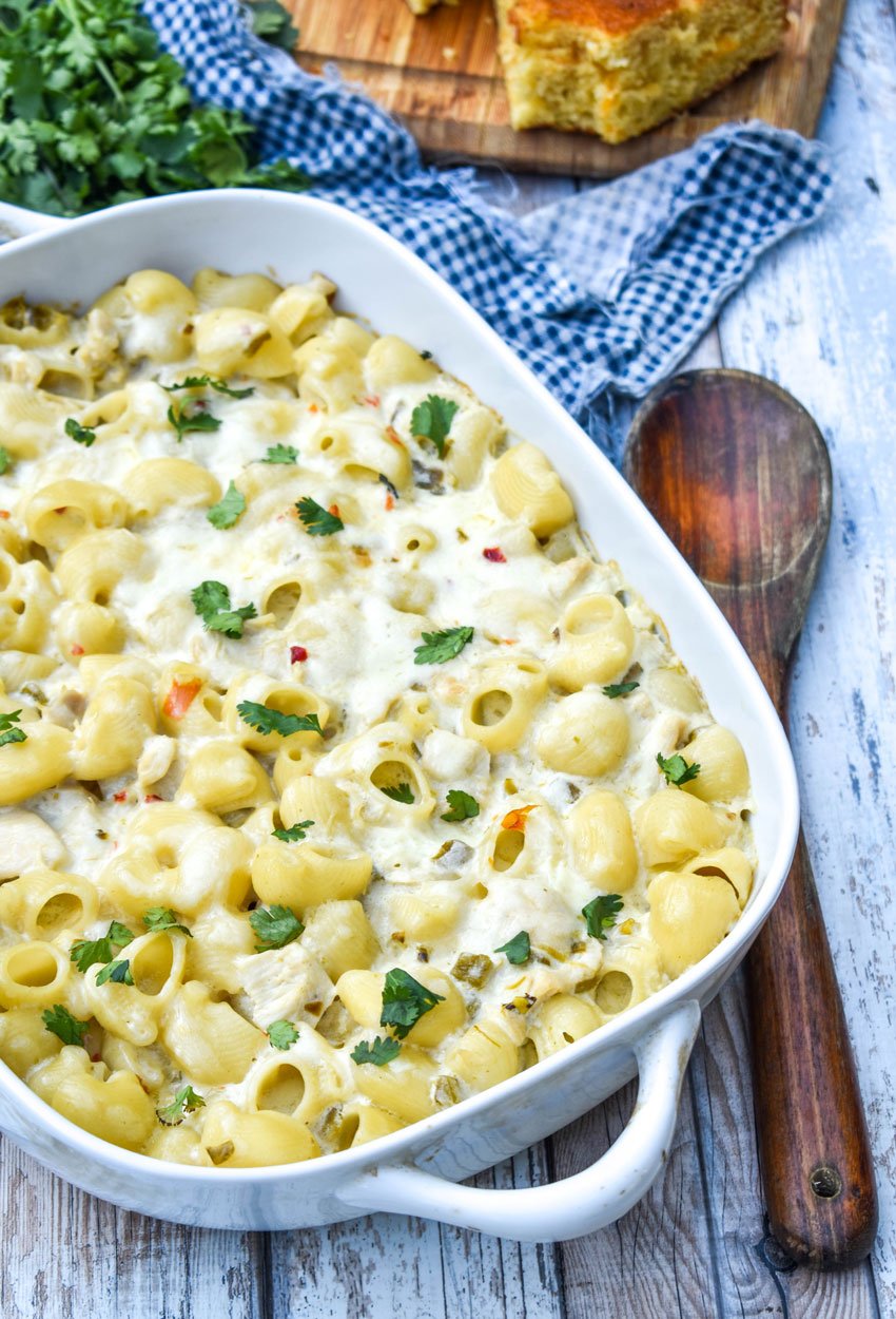 Pepper Jack Mac And Cheese With Chicken in a white casserole dish