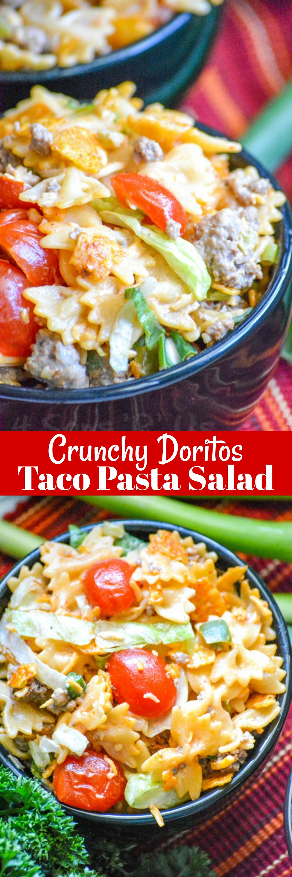 Pasta salad is one of the most easily adaptable side dishes out there, both the ingredients and to any occasion. Step up your pasta salad game with this creamy Crunchy Doritos Taco Pasta Salad. Featuring seasoned ground beef, crushed Doritos, and fresh veggies tossed in a creamy dressing- it's a real family & potluck pleaser.
