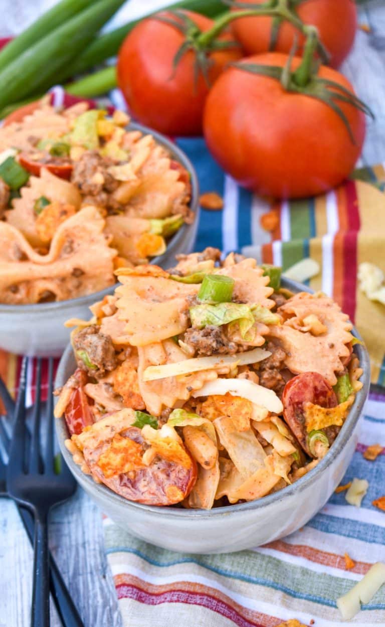 doritos taco pasta salad in two small gray bowls