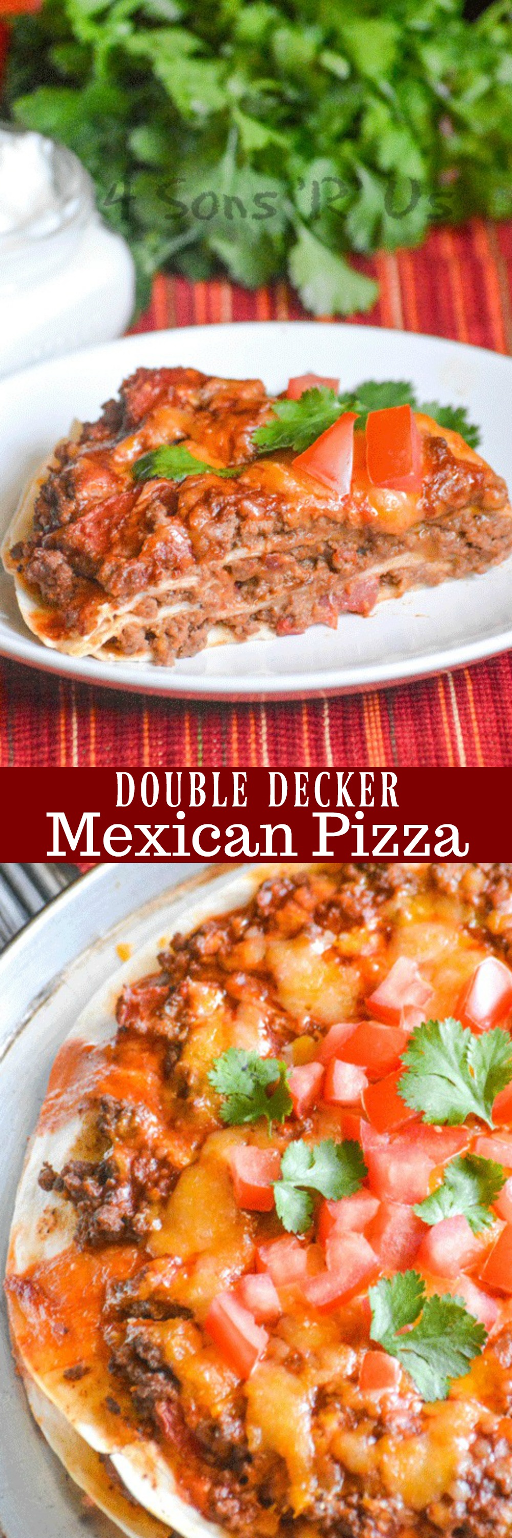 This Meaty Double Decker Mexican Pizza has everything you love about a traditional Mexican pizza from Taco Bell, but we’ve transformed it into a family meal. Layers of hearty seasoned ground beef & beans, cheeses, a layer of red enchilada sauce and chopped tomatoes and cilantro leaves makes it a perfect dinner to satisfy any craving.