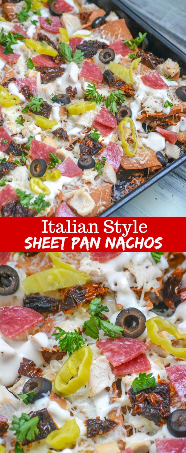 These yummy Loaded Italian-Style Chicken Sheet Pan Nachos combine all of your Italian flavor favorites. Rotisserie chicken, mozzarella cheese, sliced black olives, sun dried tomatoes, pepperoncinis, pepperoni, green onions, and parsley- all lovingly bound together with a generous alfredo sauce base.