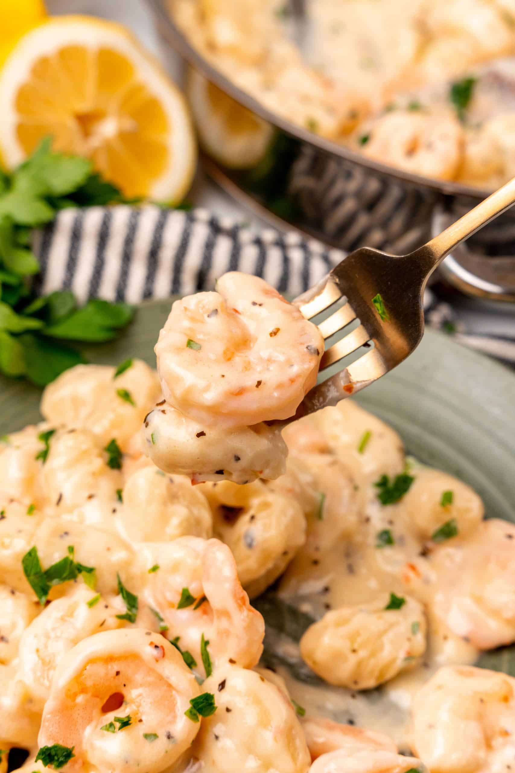 a golden fork holding up a scoop of creamy gnocchi shrimp scampi